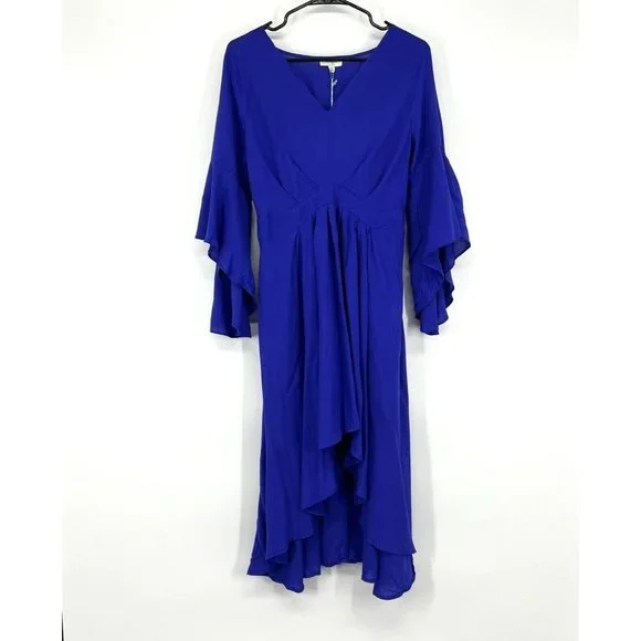 Umgee Dress Blue Ruffle Hi Lo Bell Sleeve V Neck Midi NWT - Picture 3 of 12